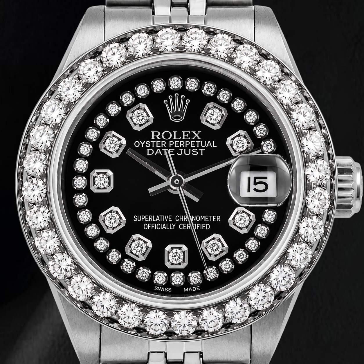 Rolex Datejust 26 mm 6916 Orologio in Acciaio Inossidabile con Quadrante Nero con Filo di Diamanti