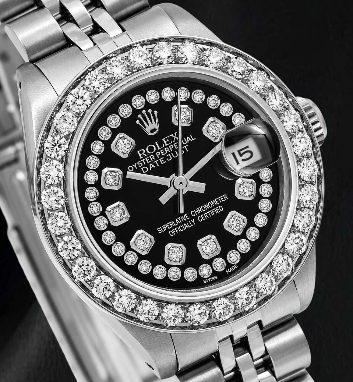 Rolex Datejust 26 mm 6916 Orologio in Acciaio Inossidabile con Quadrante Nero con Filo di Diamanti