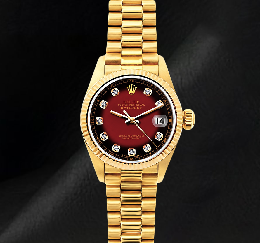 Rolex Datejust 26 mm 69178 Orologio in Oro Giallo 18 carati con Quadrante Rosso con Diamanti