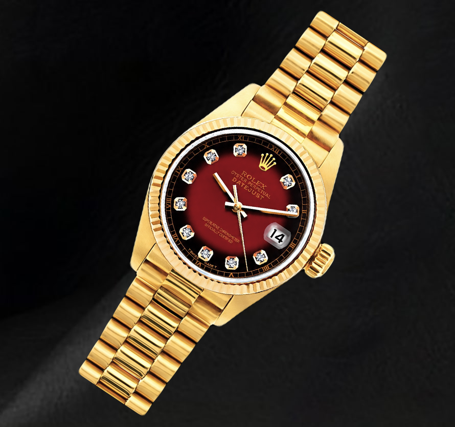 Rolex Datejust 26 mm 69178 Orologio in Oro Giallo 18 carati con Quadrante Rosso con Diamanti