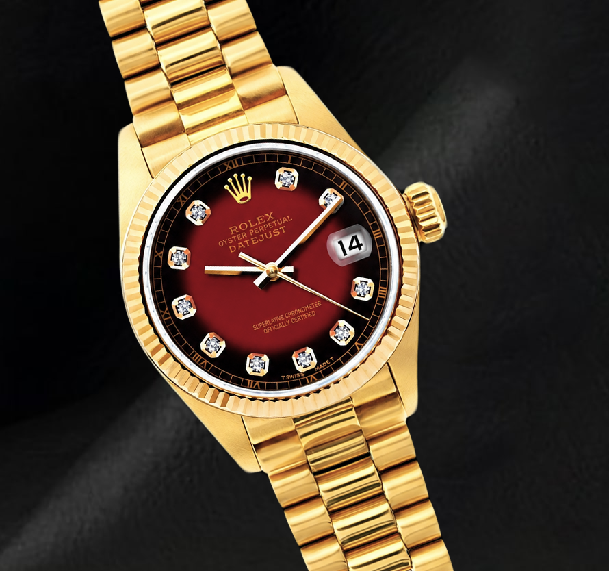 Rolex Datejust 26 mm 69178 Orologio in Oro Giallo 18 carati con Quadrante Rosso con Diamanti