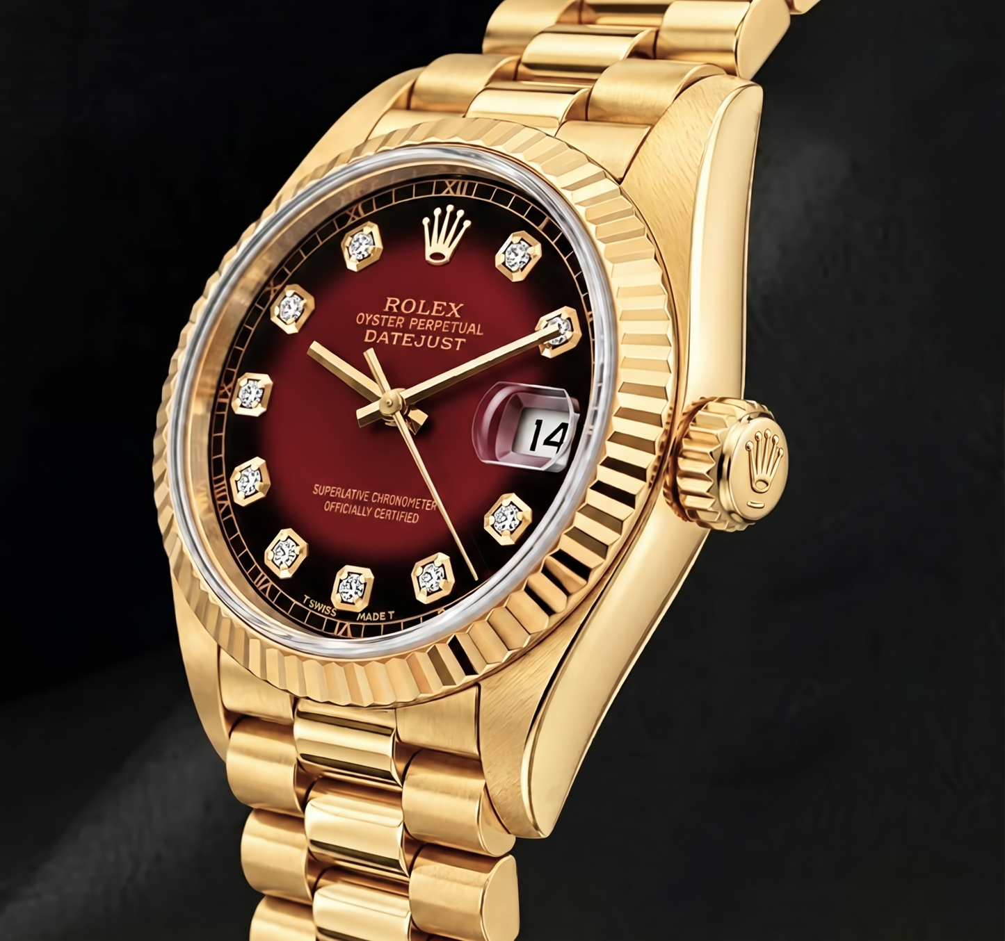 Rolex Datejust 26 mm 69178 Orologio in Oro Giallo 18 carati con Quadrante Rosso con Diamanti