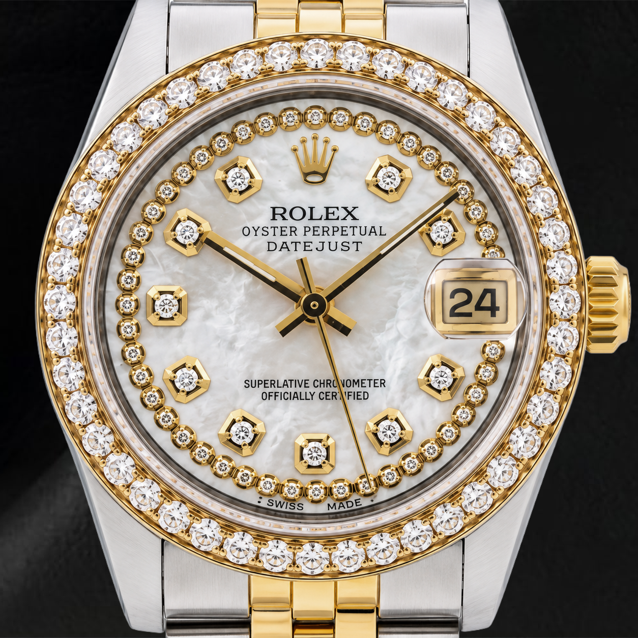 Rolex Datejust 31 mm 6824 Quadrante in Madreperla Bianca con Diamanti a Filo Bracciale Jubilee Bicolore