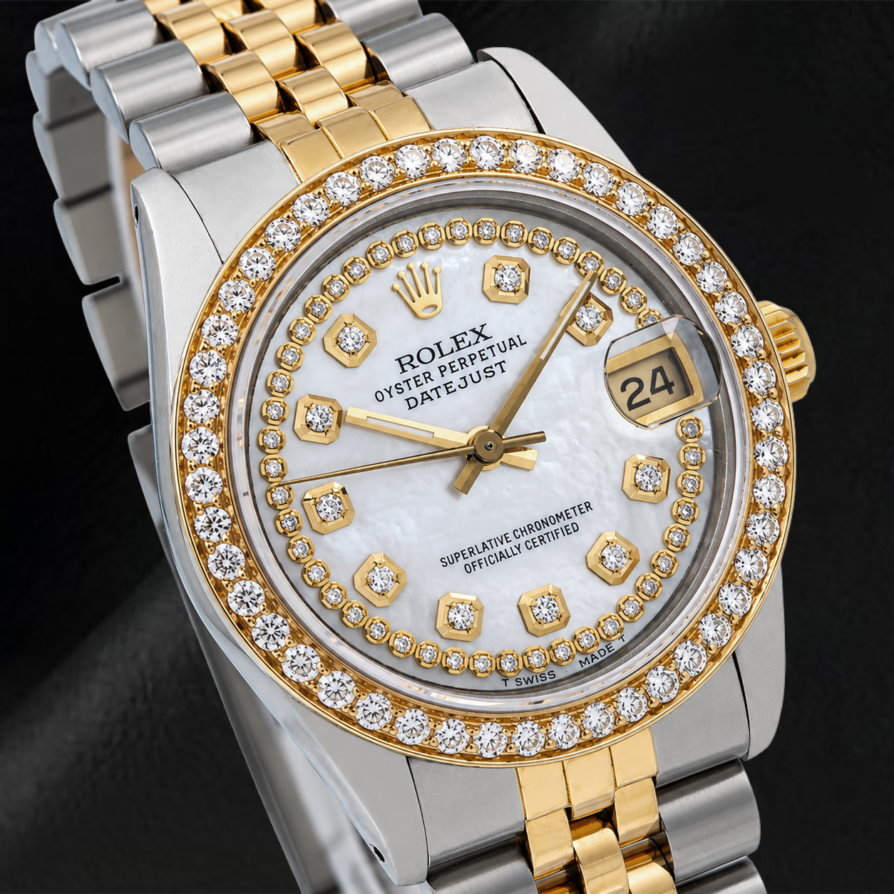 Rolex Datejust 31 mm 6824 Quadrante in Madreperla Bianca con Diamanti a Filo Bracciale Jubilee Bicolore
