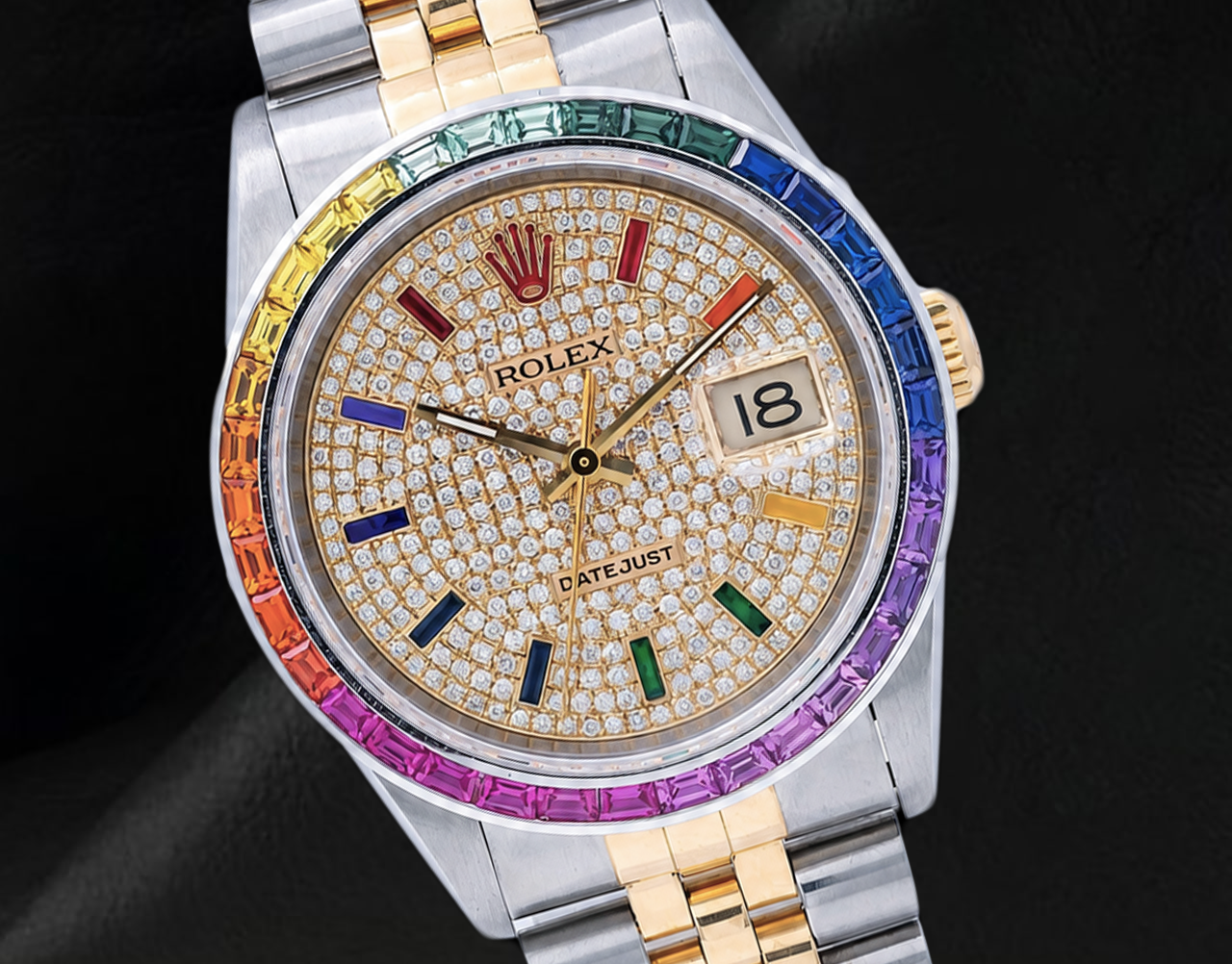 Rolex Datejust 36 mm 16013 Orologio Bicolore con Quadrante Pavé di Diamanti e Indici Arcobaleno