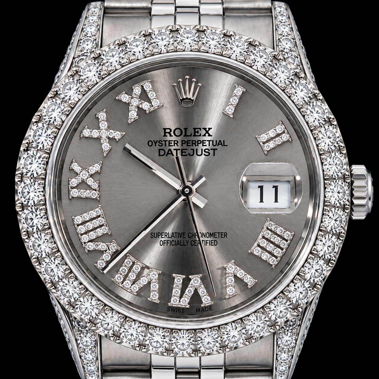 Orologio Rolex Datejust 16014 da 36 mm in acciaio inossidabile con quadrante grigio, indici a numeri romani e diamanti