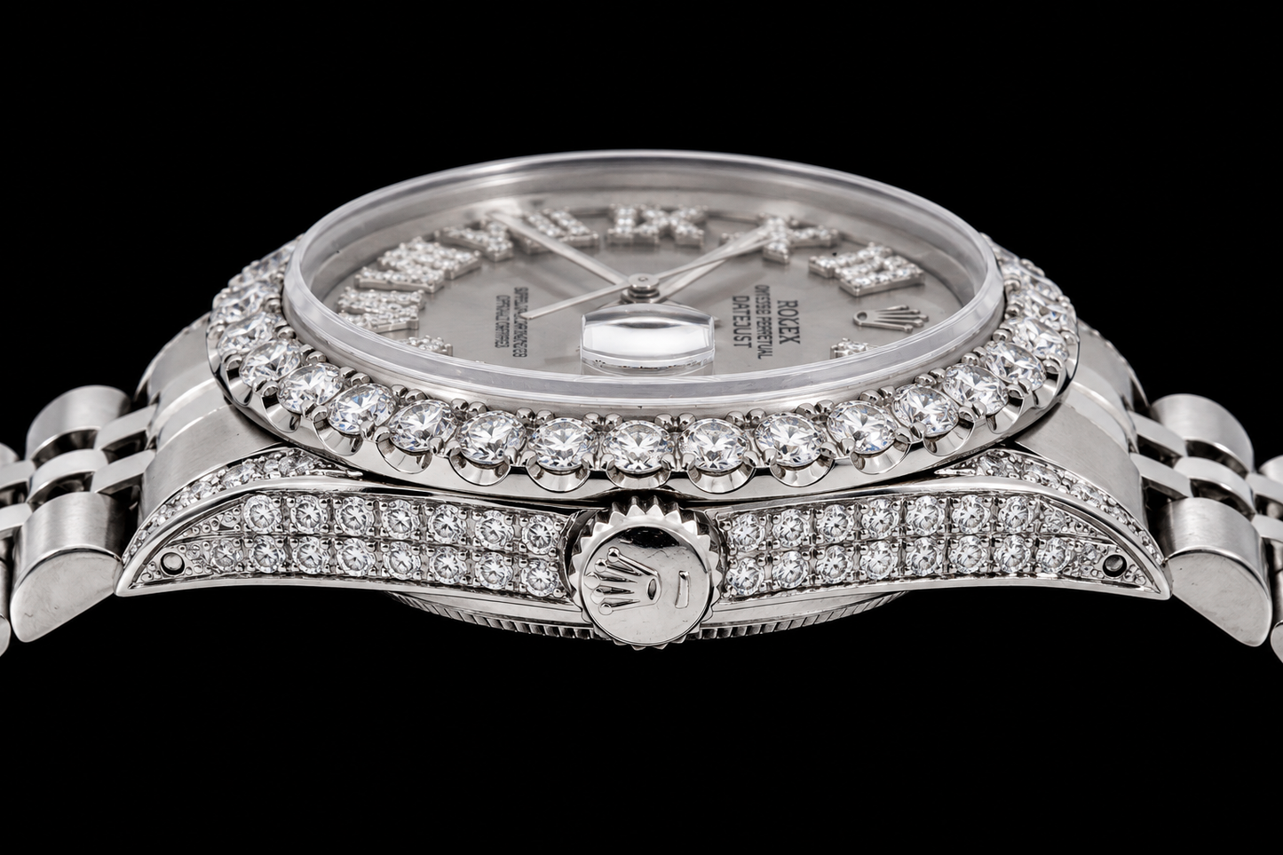 Orologio Rolex Datejust 16014 da 36 mm in acciaio inossidabile con quadrante grigio, indici a numeri romani e diamanti