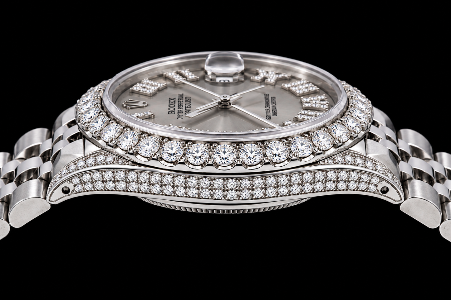 Orologio Rolex Datejust 16014 da 36 mm in acciaio inossidabile con quadrante grigio, indici a numeri romani e diamanti