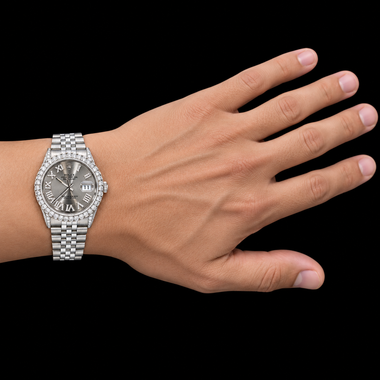 Orologio Rolex Datejust 16014 da 36 mm in acciaio inossidabile con quadrante grigio, indici a numeri romani e diamanti