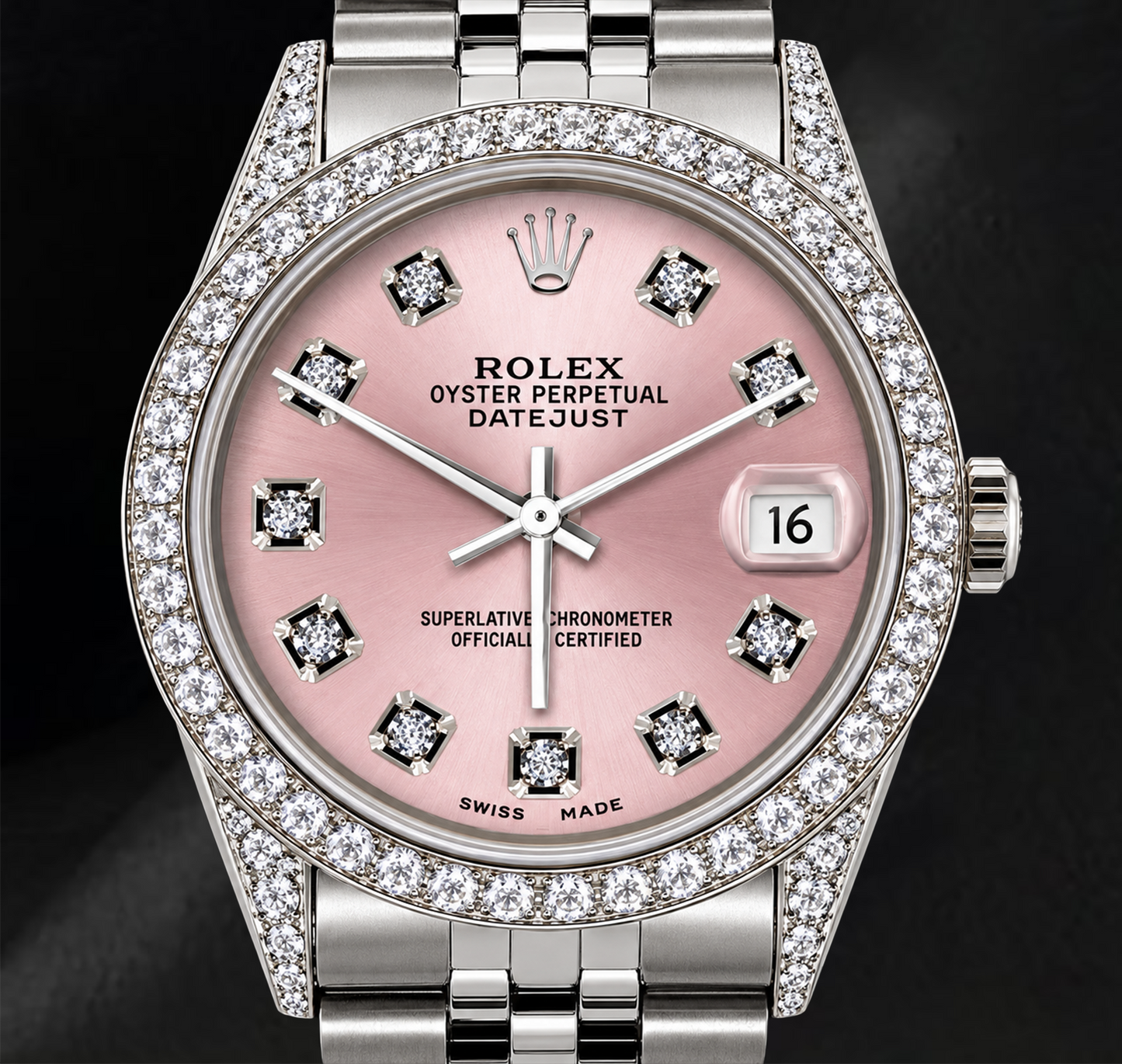 Rolex Datejust 36 mm 16200 Orologio in Acciaio Inossidabile con Quadrante Rosa con Diamanti e Lunetta con Diamanti