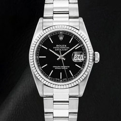 Orologio Rolex Datejust 36 mm Quadrante Nero con Indici a Bastone Bracciale Oyster in Acciaio Inossidabile