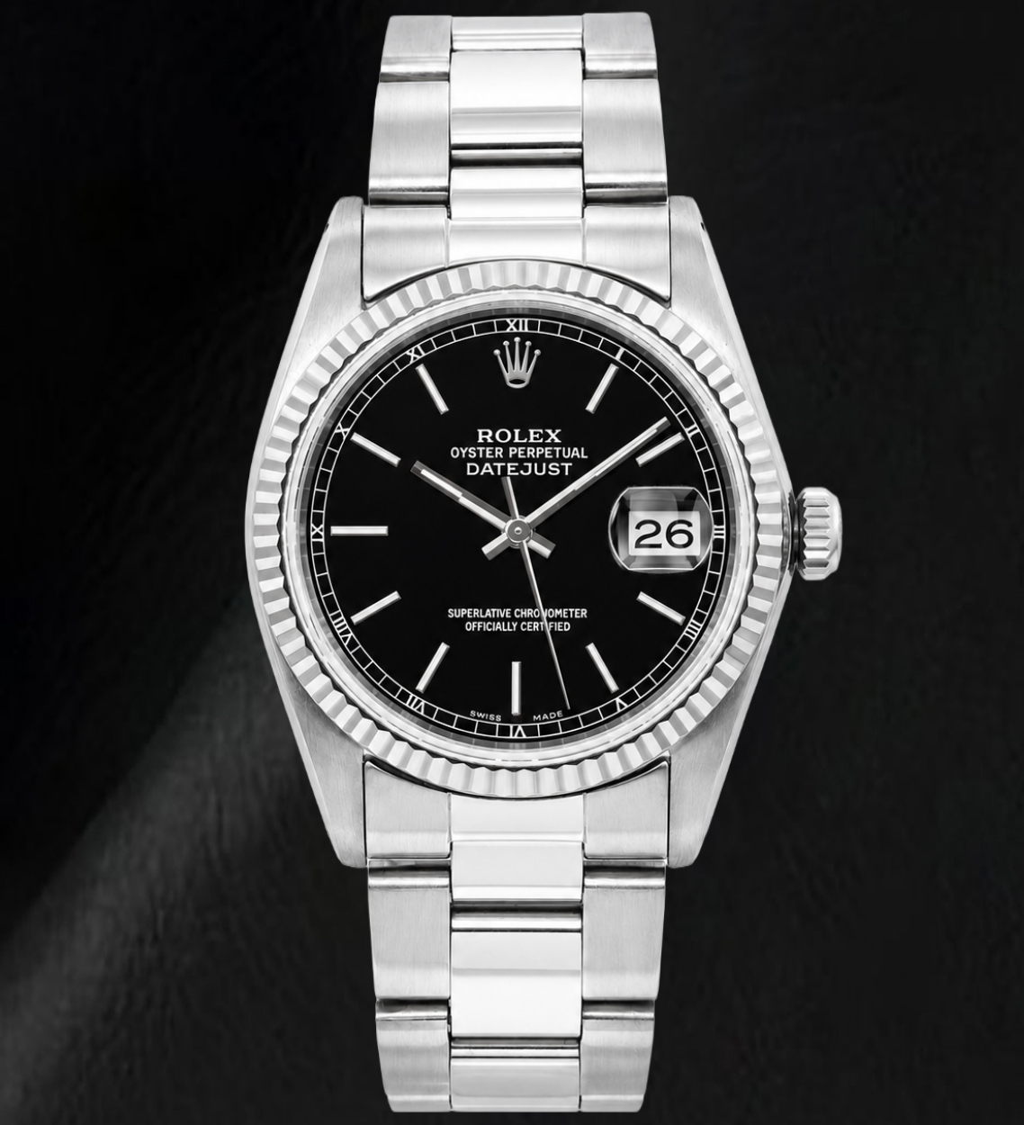 Orologio Rolex Datejust 36 mm Quadrante Nero con Indici a Bastone Bracciale Oyster in Acciaio Inossidabile