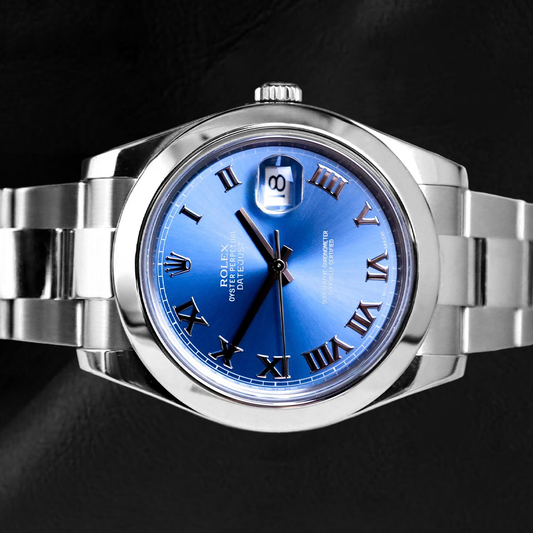 Orologio Rolex Datejust 41 mm con quadrante blu con numeri romani e bracciale Oyster in acciaio inossidabile