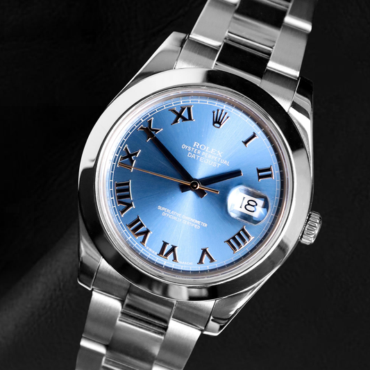 Orologio Rolex Datejust 41 mm con quadrante blu con numeri romani e bracciale Oyster in acciaio inossidabile