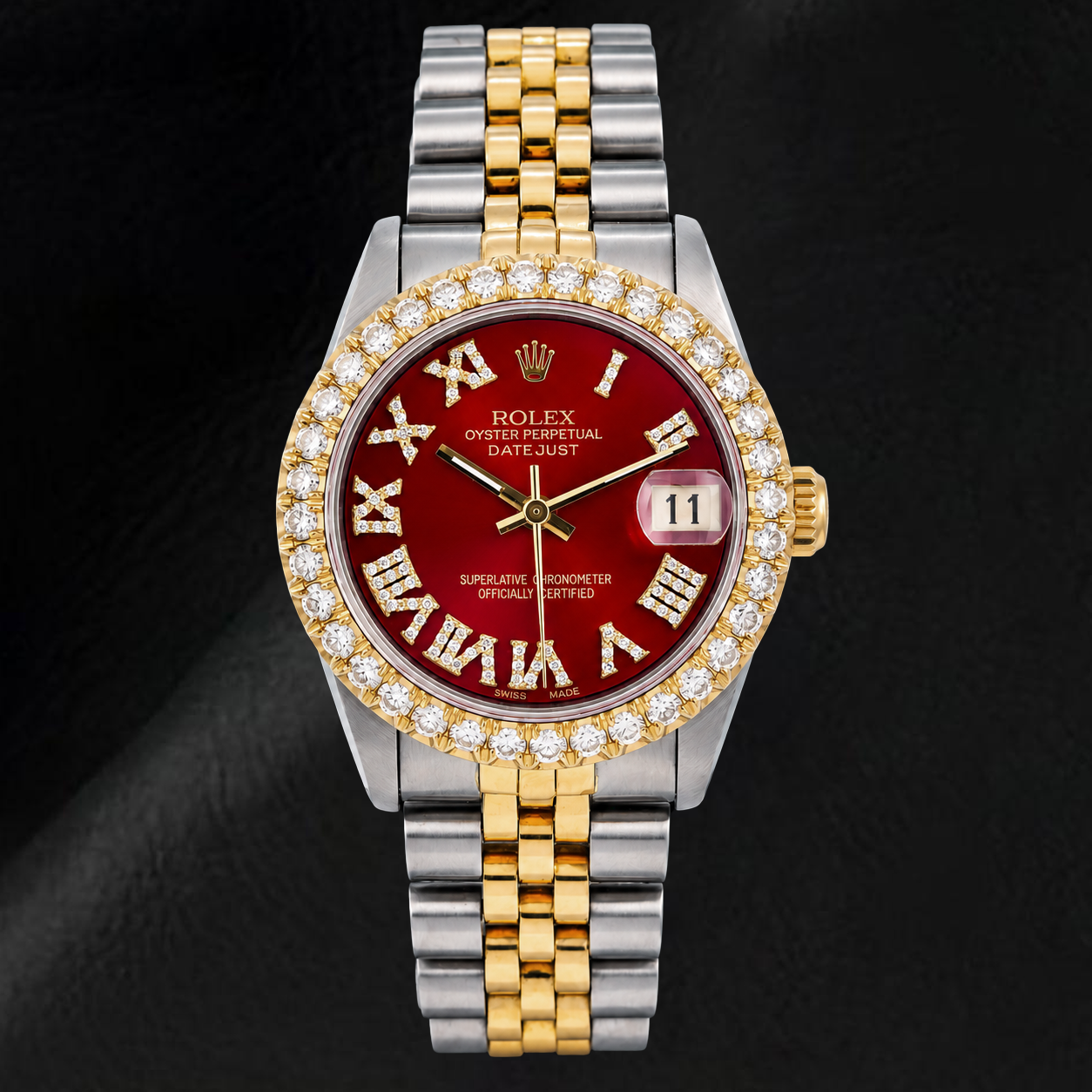 Orologio Rolex Datejust 68273 31 mm Quadrante con Diamanti Rosso con Numeri Romani Bicolore Bracciale Jubilee