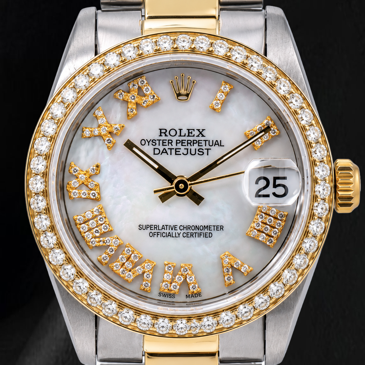 Rolex Datejust 68273 31 mm Orologio Bicolore Quadrante con Diamanti in Madreperla Bianca e Numeri Romani