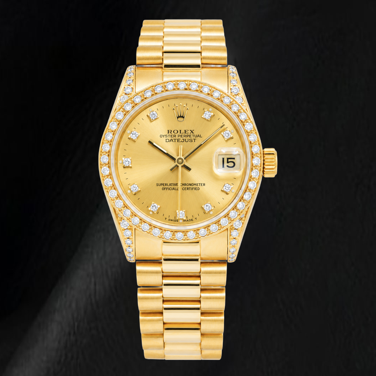 Orologio Rolex Datejust 68278 31 mm in Oro Giallo con Quadrante con Diamanti Champagne e Bracciale President