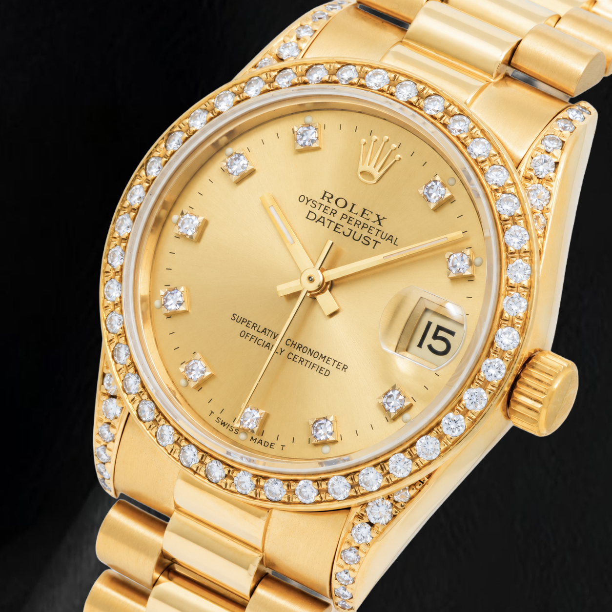 Orologio Rolex Datejust 68278 31 mm in Oro Giallo con Quadrante con Diamanti Champagne e Bracciale President