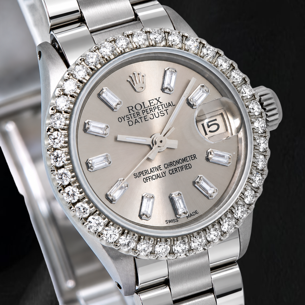 Orologio Rolex Datejust 69160 26 mm in Acciaio Inossidabile Grigio con Diamanti
