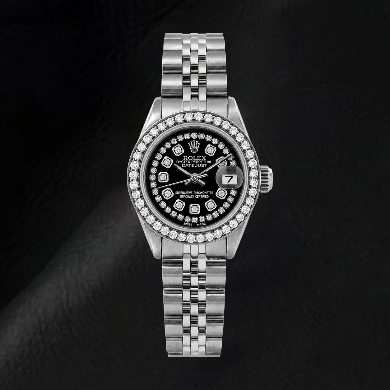 Orologio Rolex Datejust 6916 26 mm in Acciaio Inossidabile con Quadrante Nero con Diamanti a Filo