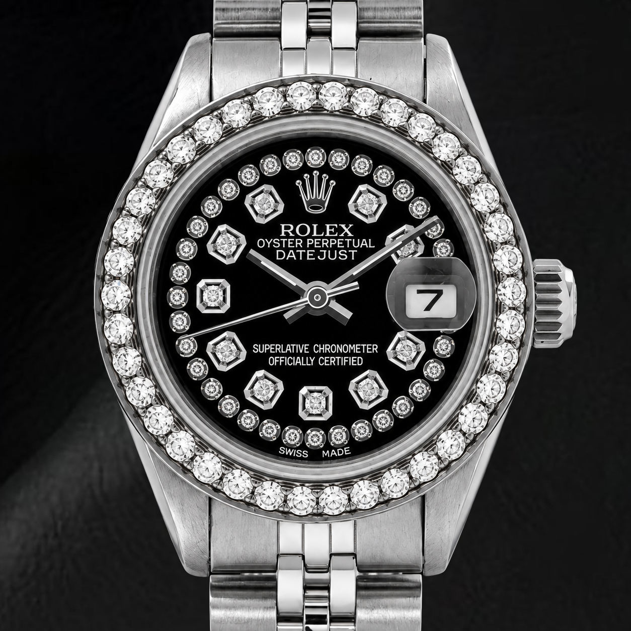Orologio Rolex Datejust 6916 26 mm in Acciaio Inossidabile con Quadrante Nero con Diamanti a Filo