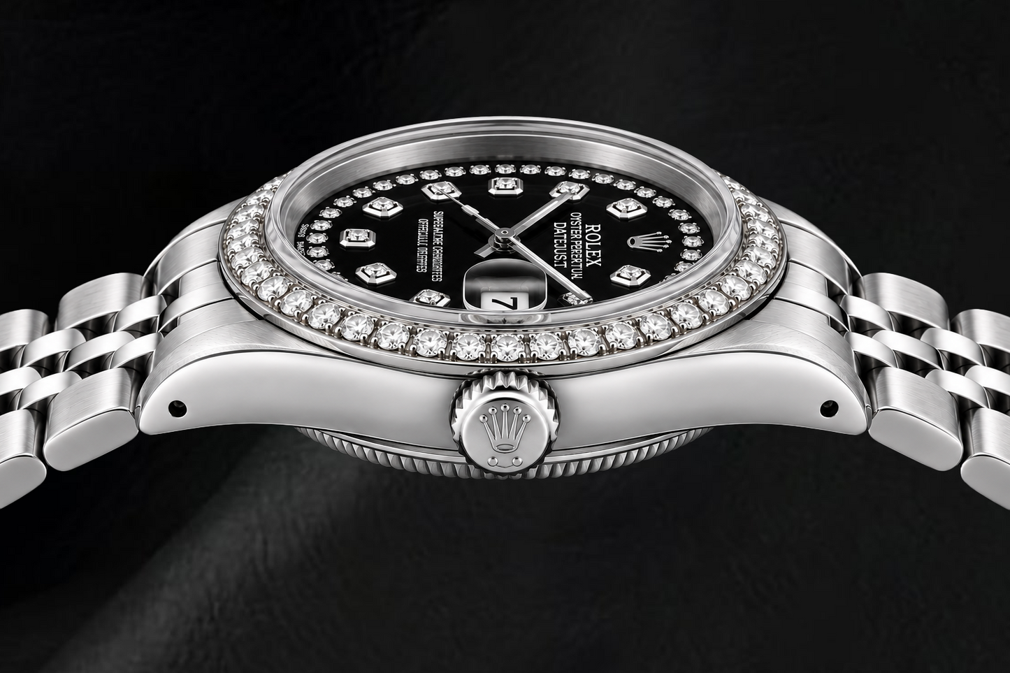 Orologio Rolex Datejust 6916 26 mm in Acciaio Inossidabile con Quadrante Nero con Diamanti a Filo