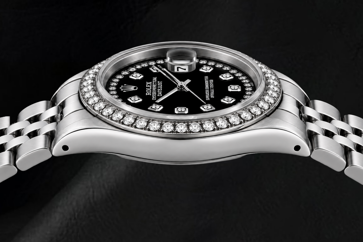 Orologio Rolex Datejust 6916 26 mm in Acciaio Inossidabile con Quadrante Nero con Diamanti a Filo