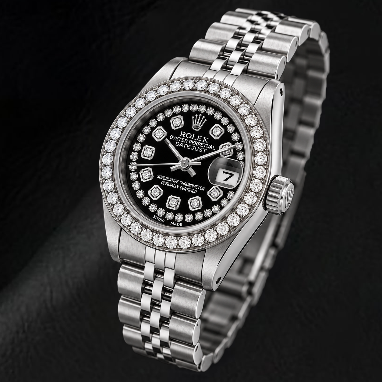 Orologio Rolex Datejust 6916 26 mm in Acciaio Inossidabile con Quadrante Nero con Diamanti a Filo