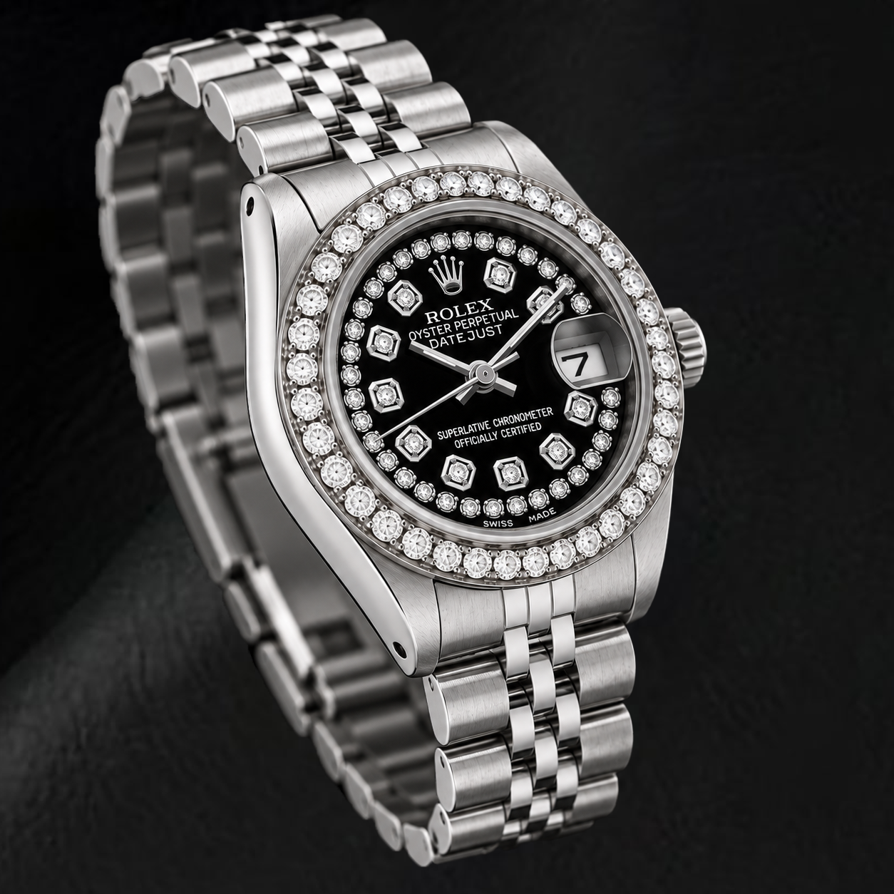 Orologio Rolex Datejust 6916 26 mm in Acciaio Inossidabile con Quadrante Nero con Diamanti a Filo