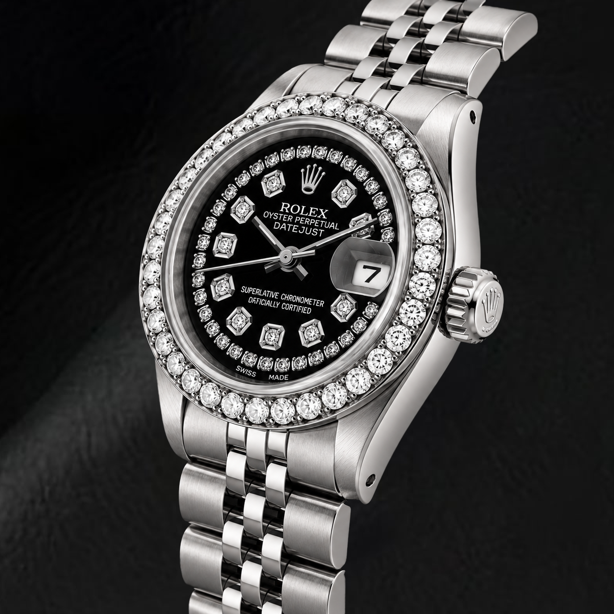 Orologio Rolex Datejust 6916 26 mm in Acciaio Inossidabile con Quadrante Nero con Diamanti a Filo
