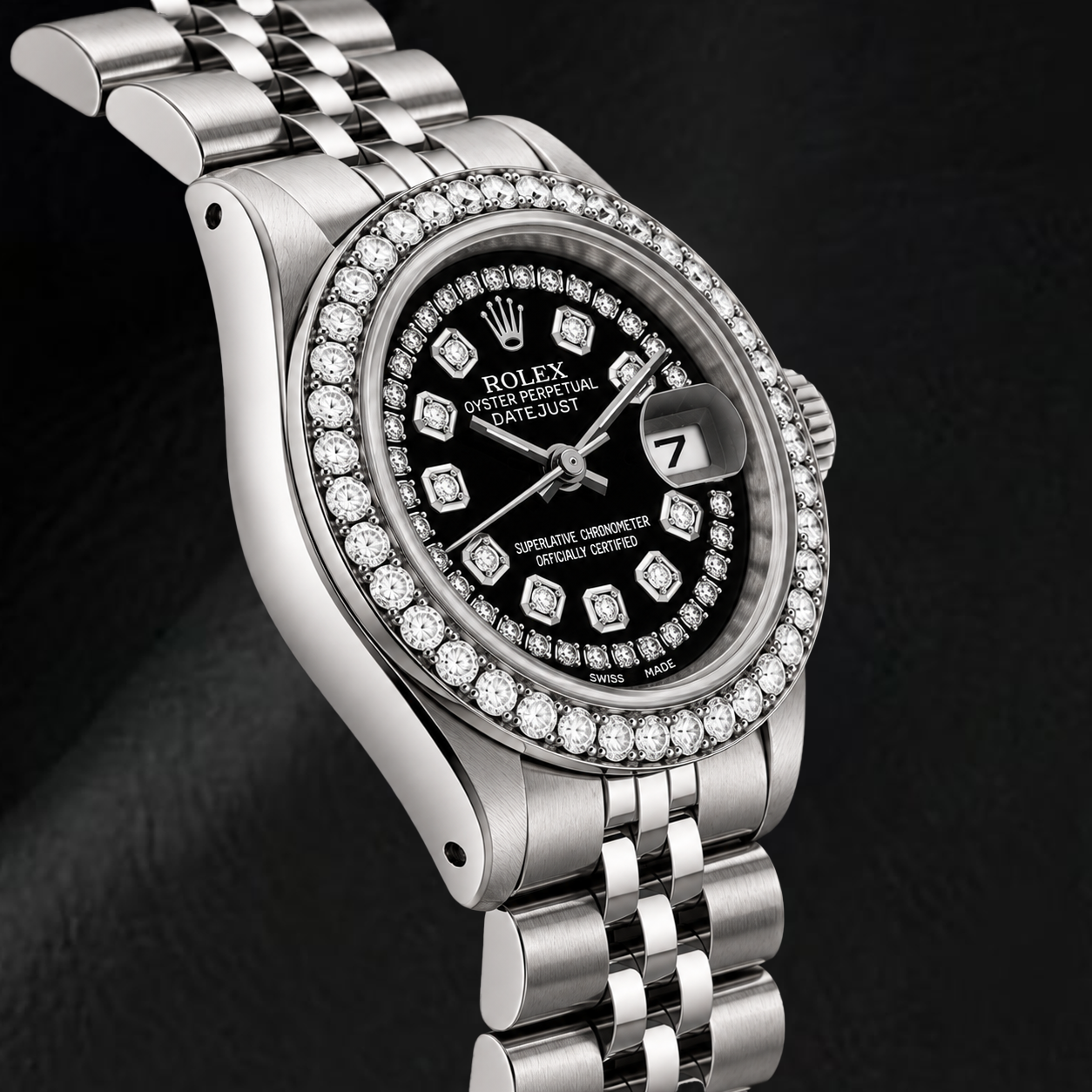 Orologio Rolex Datejust 6916 26 mm in Acciaio Inossidabile con Quadrante Nero con Diamanti a Filo