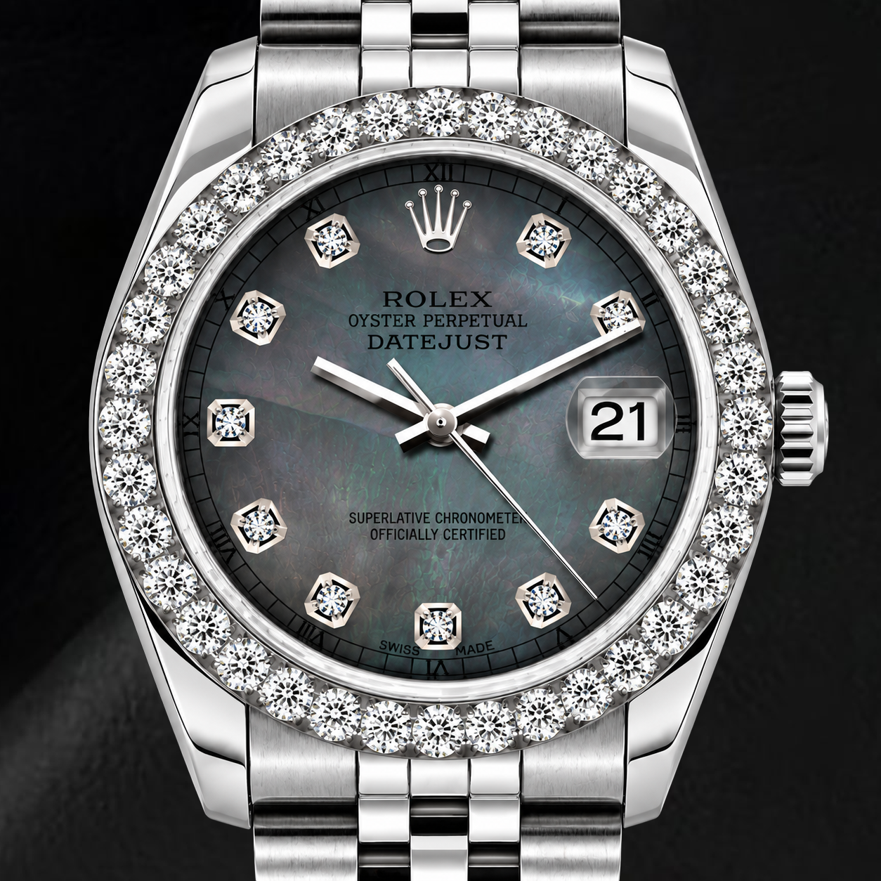 Rolex Datejust 6916 26 mm Orologio in Acciaio Inossidabile Quadrante con Diamanti in Madreperla Nera