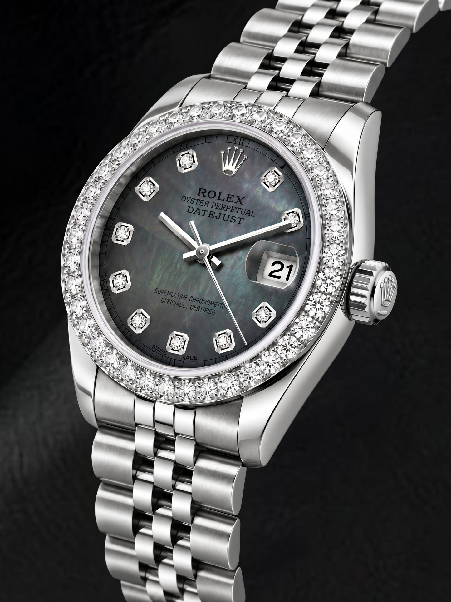 Rolex Datejust 6916 26 mm Orologio in Acciaio Inossidabile Quadrante con Diamanti in Madreperla Nera