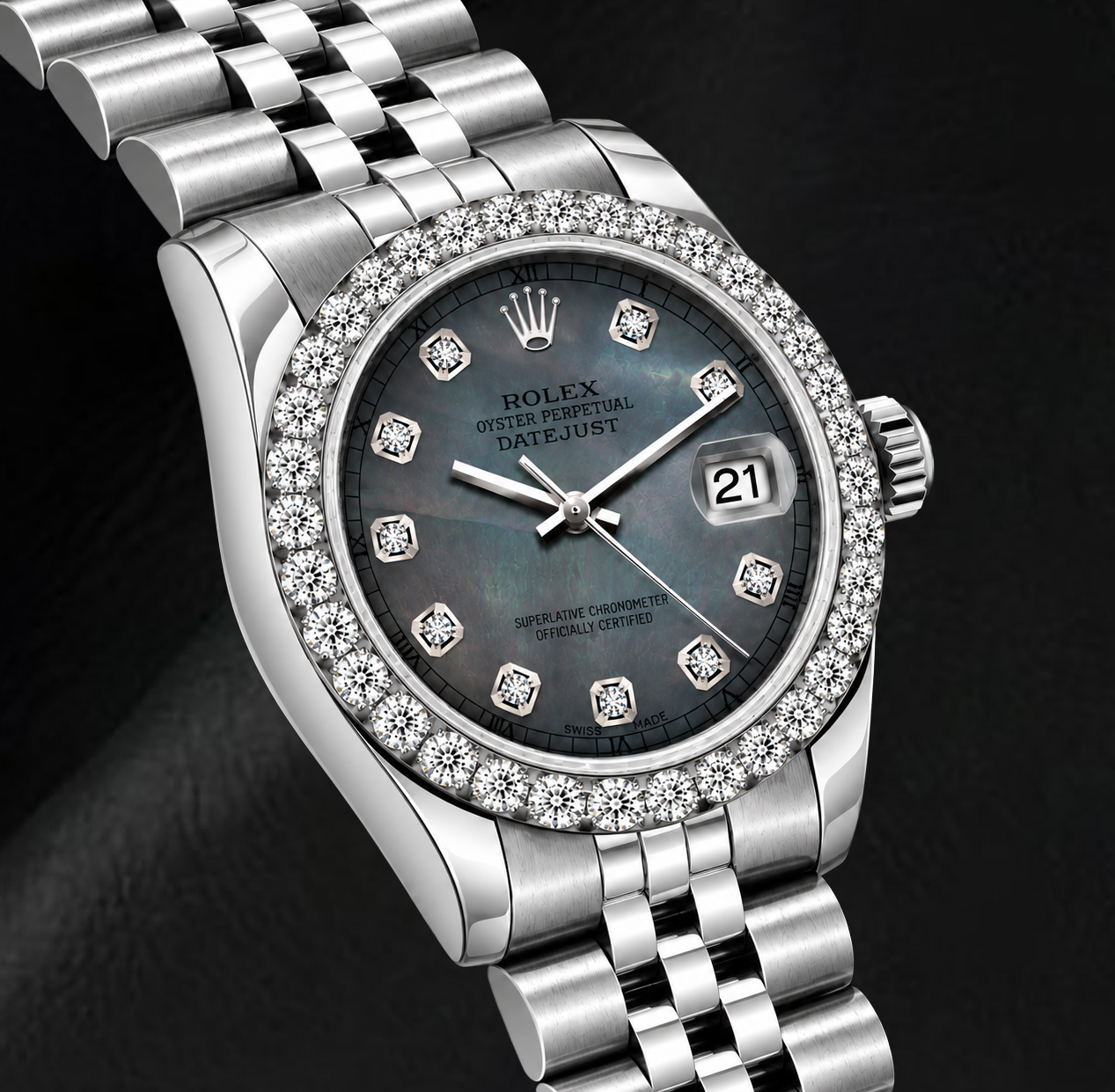 Rolex Datejust 6916 26 mm Orologio in Acciaio Inossidabile Quadrante con Diamanti in Madreperla Nera