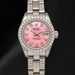 Orologio Rolex Datejust 6916 26 mm in Acciaio Inossidabile con Quadrante con Diamanti in Madreperla Rosa e Bracciale Oyster con Diamanti Parziali