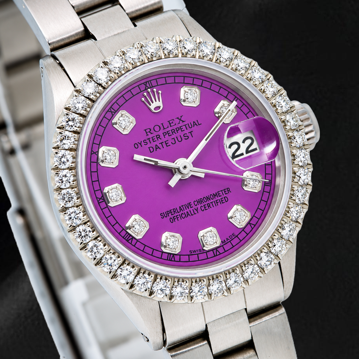 Orologio Rolex Datejust 6916 26 mm Quadrante Viola con Diamanti Bracciale Oyster in Acciaio Inossidabile