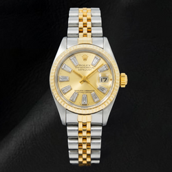 Rolex Datejust 69173 26 mm Orologio Bicolore Quadrante Champagne con Diamanti Baguette