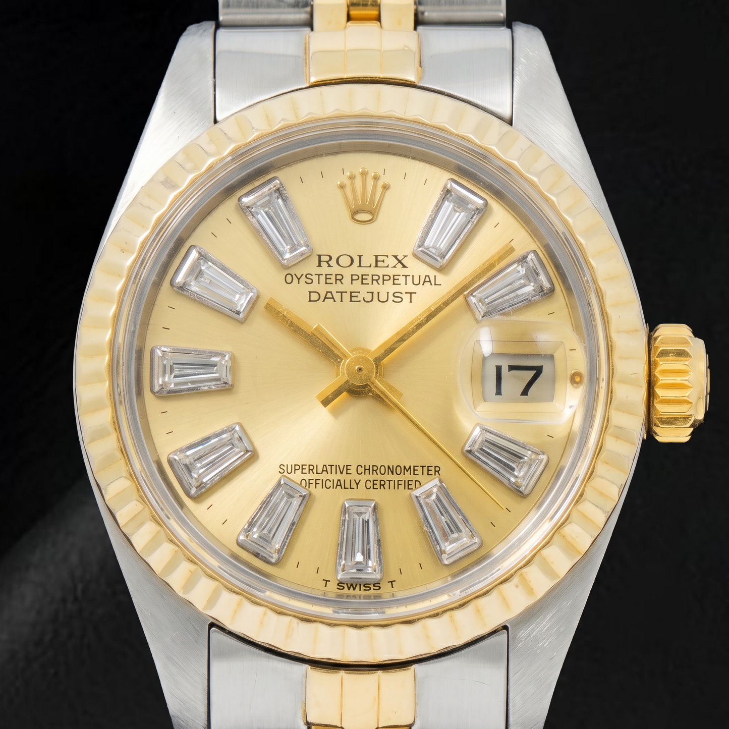 Rolex Datejust 69173 26 mm Orologio Bicolore Quadrante Champagne con Diamanti Baguette