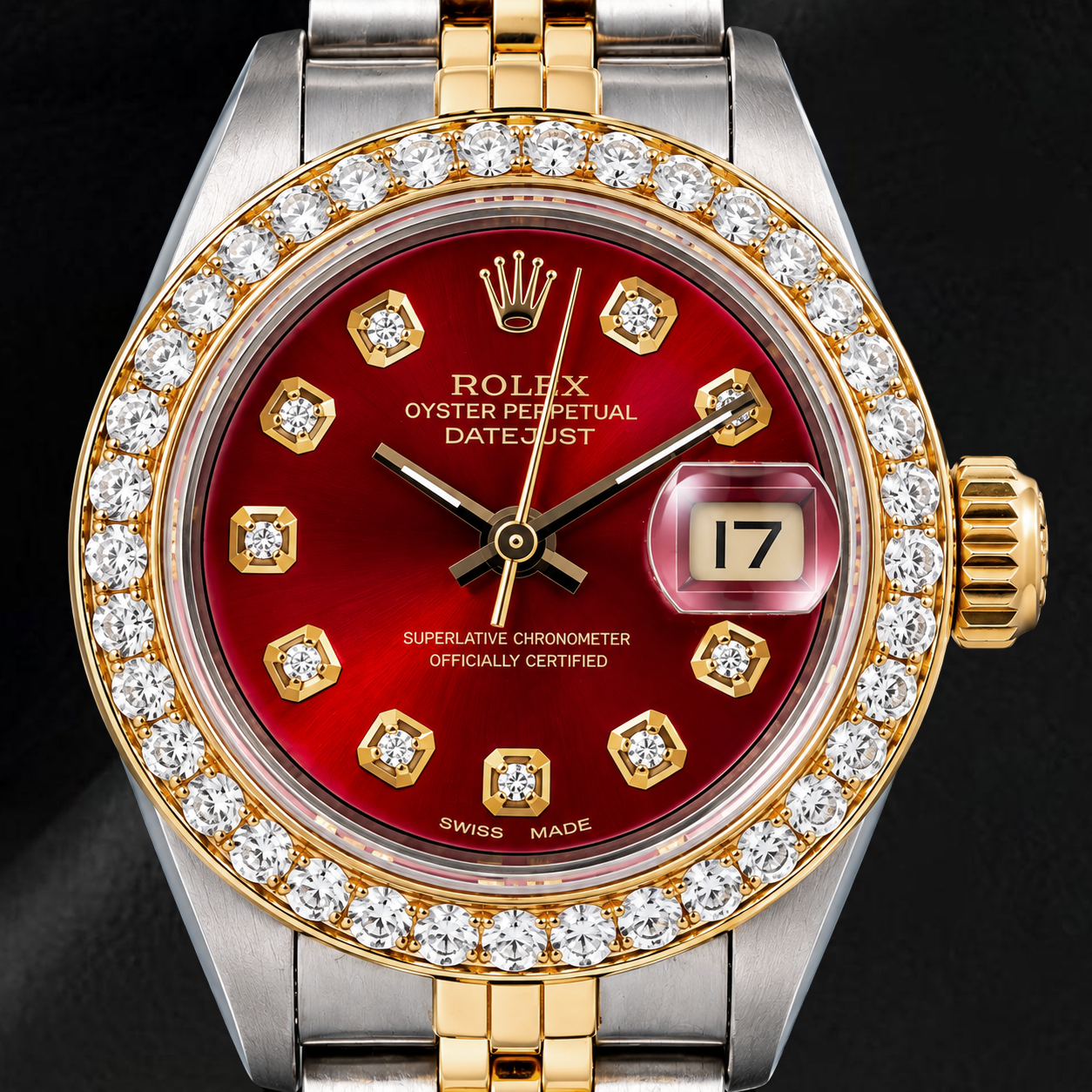 Orologio Rolex Datejust 69173 26 mm Quadrante Rosso con Diamanti Bicolore Bracciale Jubilee
