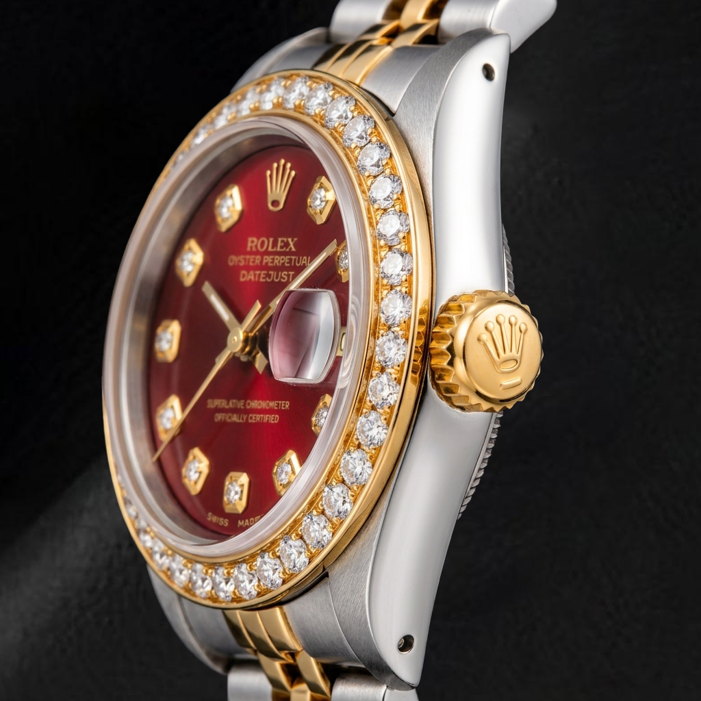 Orologio Rolex Datejust 69173 26 mm Quadrante Rosso con Diamanti Bicolore Bracciale Jubilee