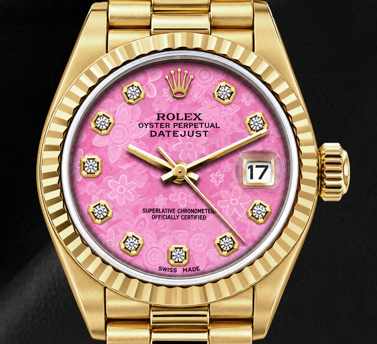 Rolex Datejust 69178 26 mm Orologio in Oro Giallo con Quadrante Floreale Rosa con Diamanti