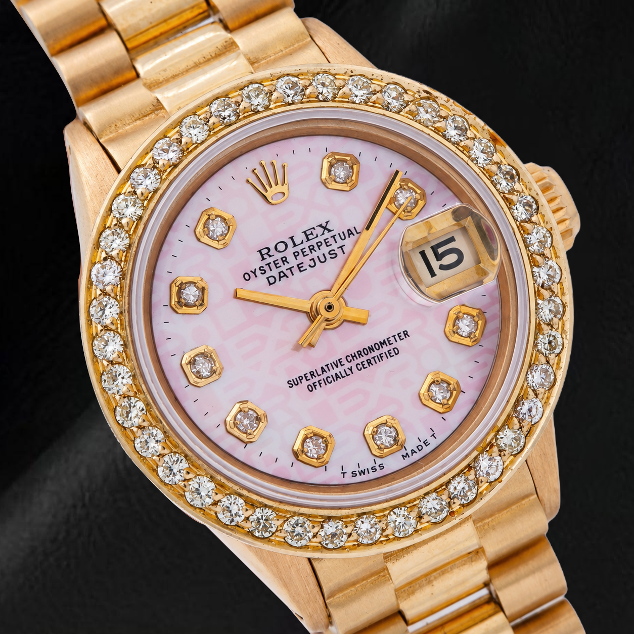 Orologio Rolex Datejust 69178 26 mm in Oro Giallo con Quadrante Jubilee Rosa con Diamanti e Bracciale President