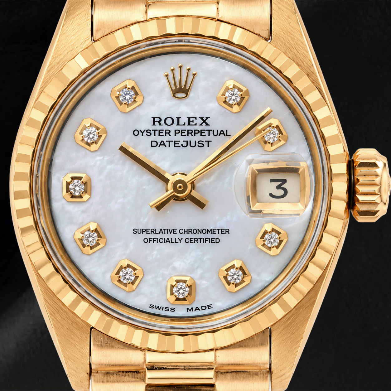 Orologio Rolex Datejust 69178 26 mm in Oro Giallo con Quadrante con Diamanti in Madreperla Bianca e Bracciale President