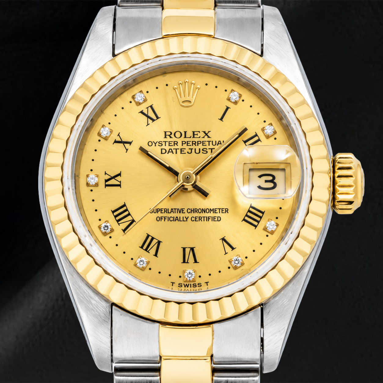 Orologio Rolex Datejust 6917 26 mm Quadrante Champagne con Diamanti e Numeri Romani Bicolore Bracciale Oyster