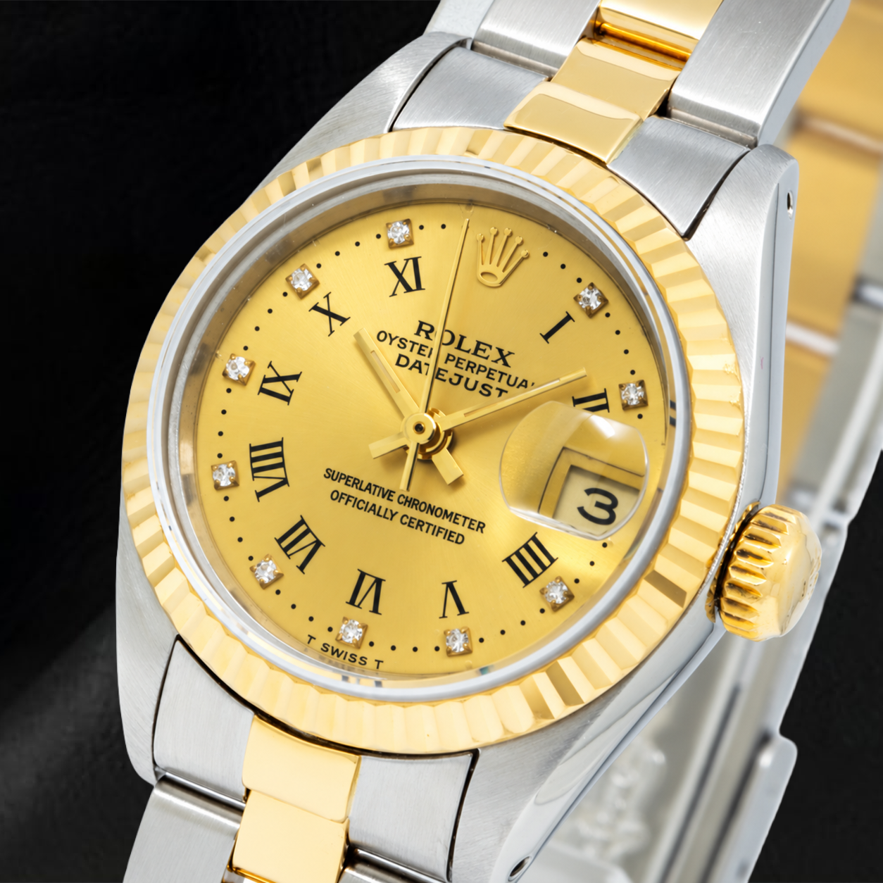 Orologio Rolex Datejust 6917 26 mm Quadrante Champagne con Diamanti e Numeri Romani Bicolore Bracciale Oyster
