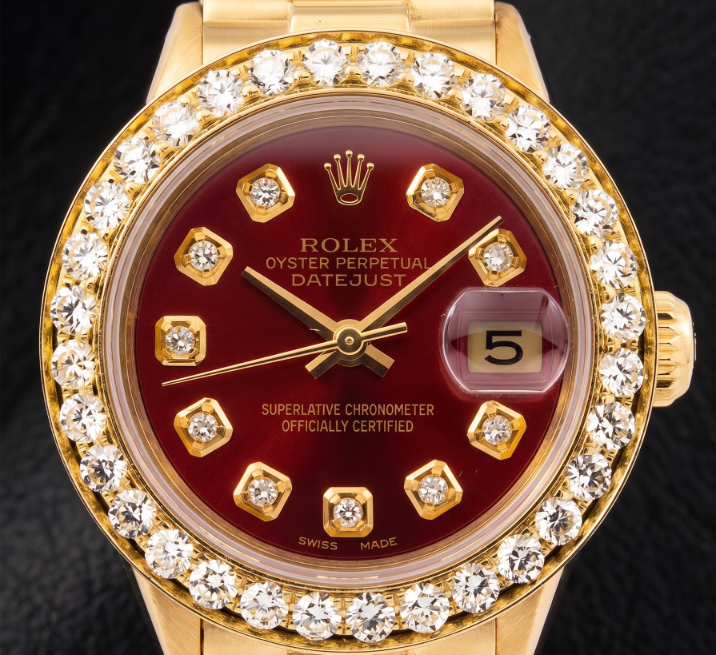 Orologio Rolex Datejust 6917 26mm Quadrante Rosso con Diamanti Bracciale President in Oro Giallo