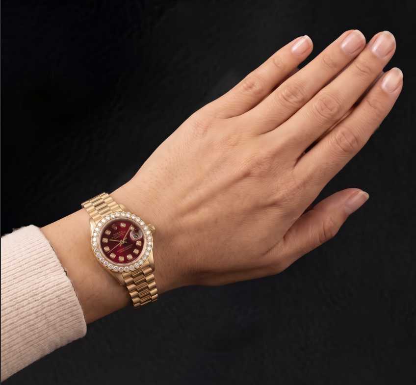 Orologio Rolex Datejust 6917 26mm Quadrante Rosso con Diamanti Bracciale President in Oro Giallo