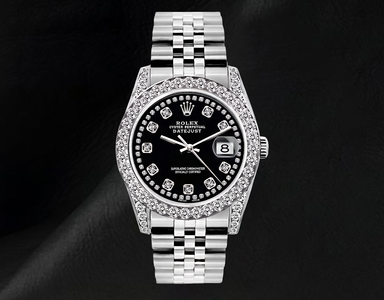 Orologio Rolex Datejust Quadrante Nero con Diamanti a Stringa 26mm Acciaio Inossidabile 6916