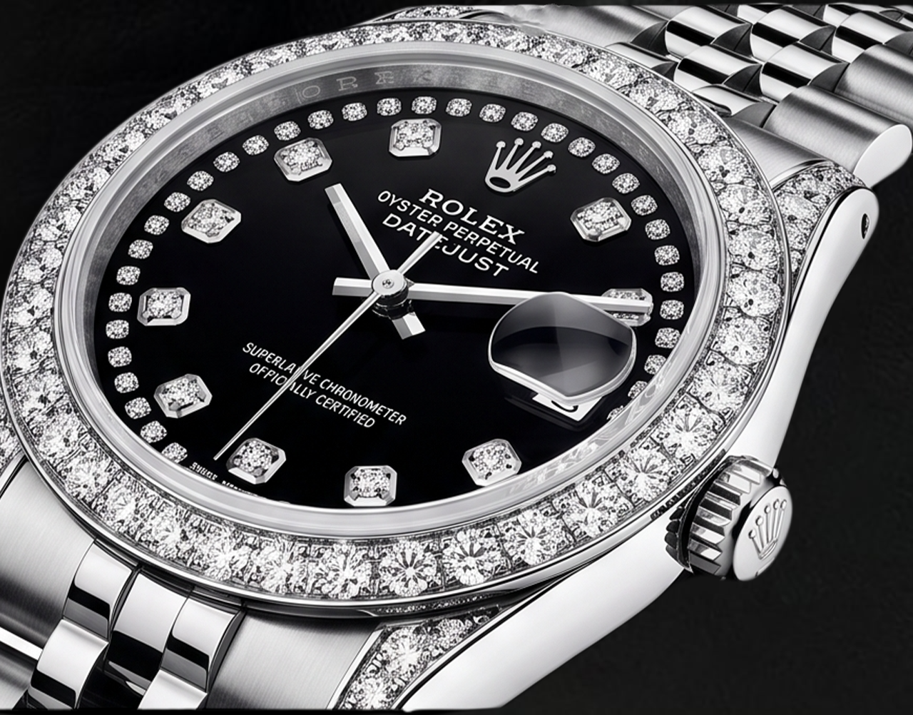 Orologio Rolex Datejust Quadrante Nero con Diamanti a Stringa 26mm Acciaio Inossidabile 6916