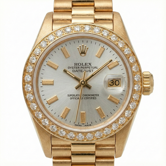 Rolex Datejust bastone bianco quadrante stile presidente orologio con diamanti lunetta in oro